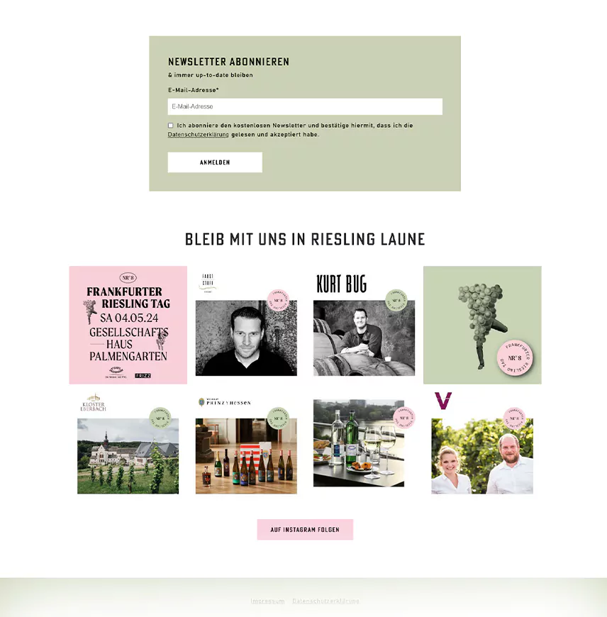 Screenlayout der Website in der Desktop Version "Newsletter und Instagram Einbindung"